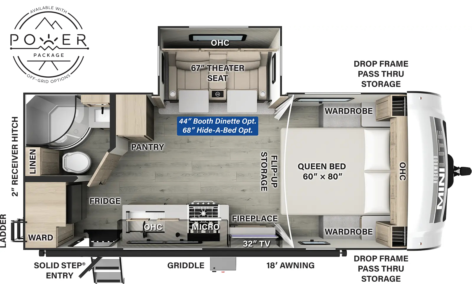 The Rockwood Mini Lite 2205S has one entry and one slide out. Exterior features include: fiberglass exterior and 18' awning. Interiors features include: front bedroom.